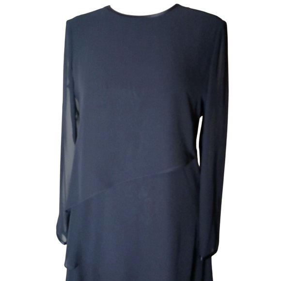 Jones New York Navy Blue Tiered Button‎ Back Sheer Sleeve Shift Dress Size 8 - Picture 3 of 11